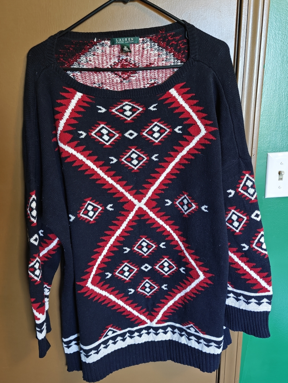 Lauren By Ralph Lauren Navy and Red Aztec Print Cotton Long-Line Sweater - 3X